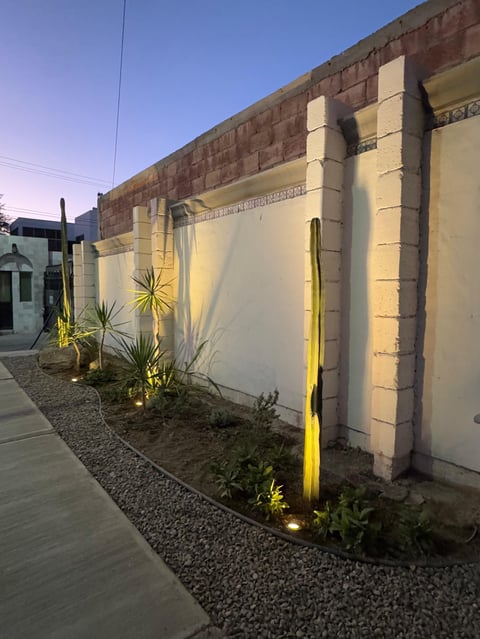 Brick building with yellow uplighting